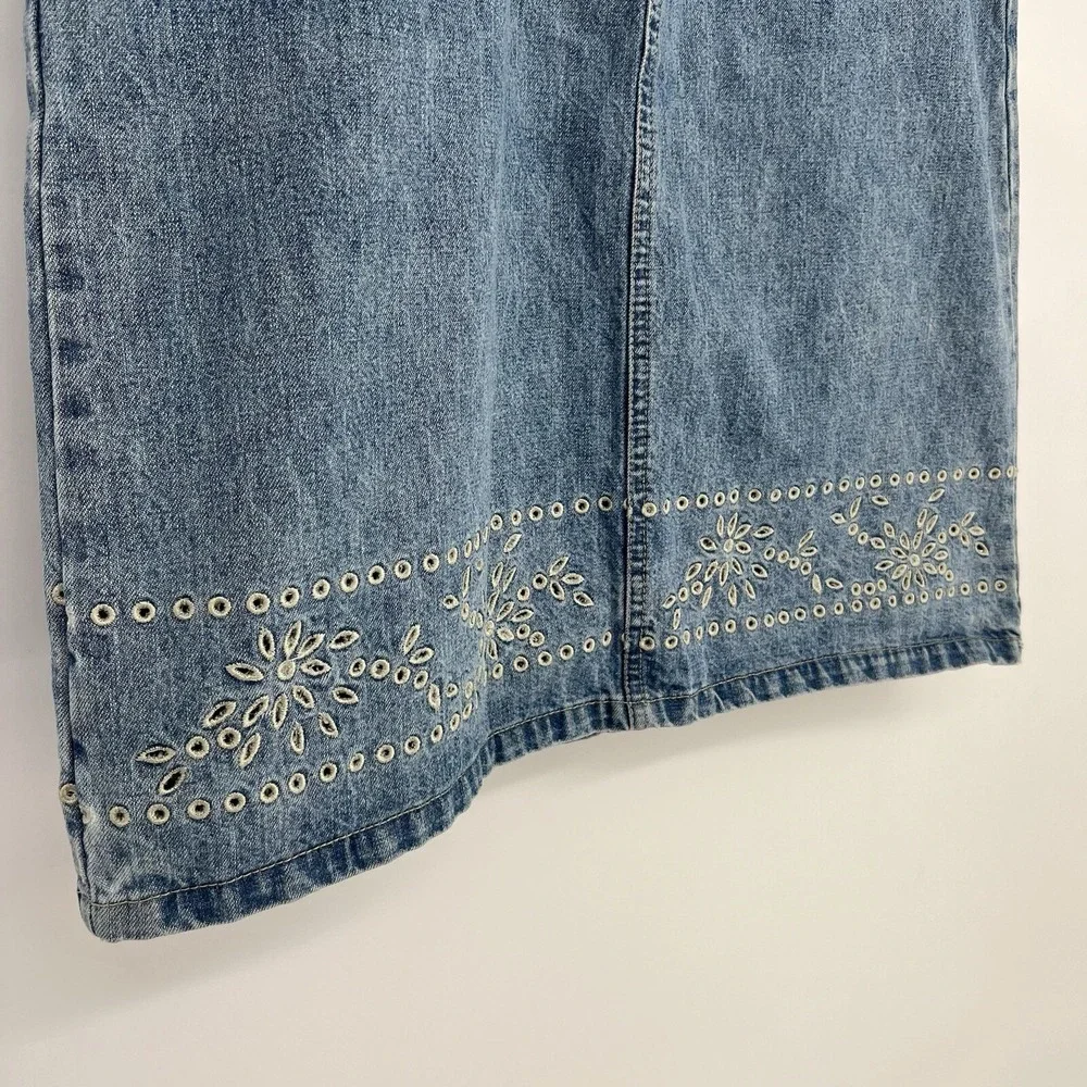 Gloria Vanderbilt Denim Skirt Eyelet Floral Embroidery Boho‎ Cottagecore Size 6